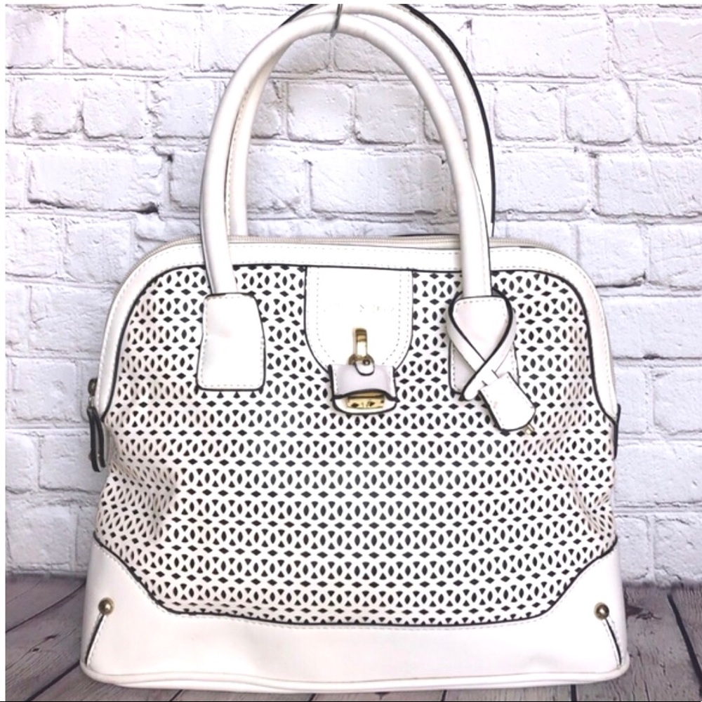London Fog Purse White Leather Laser Cut Bag